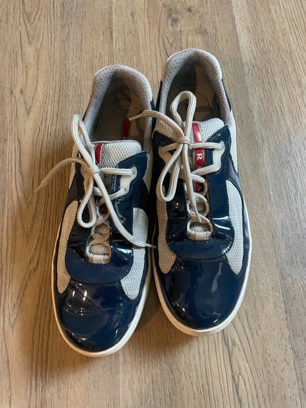 Prada Men's Patent Leather & Mesh Sneakers, 4E3166 Deep Blue Outdoor Size: 8